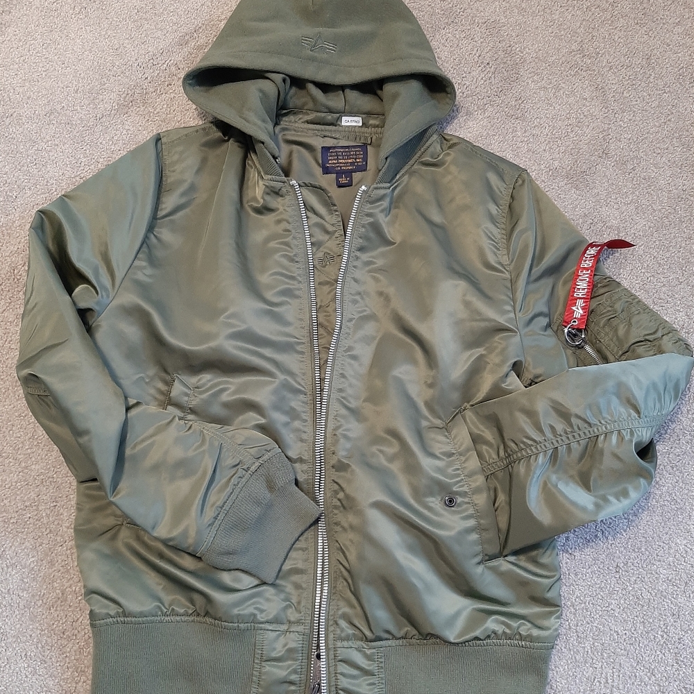 Alpha Industries Olive Green Hooded Bomber Jacket with Red Accent